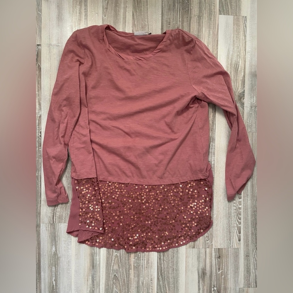 LOGO Lori Goldstein Blush Cotton & Sequined Chiffon Trim Top Large Solid Relaxed